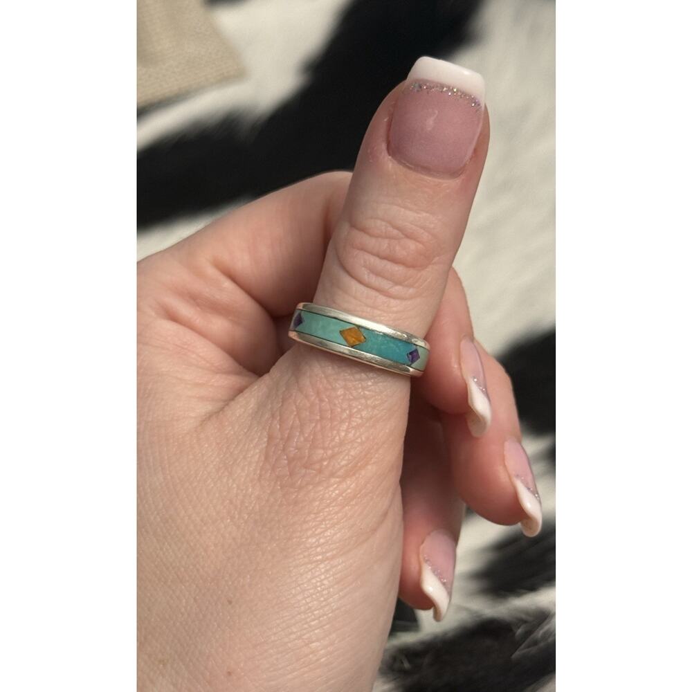 Native American Waldeck Johnson Sterling Silver Ring Turquoise Spiny Sugilite WJ